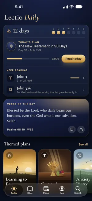 The Today screen of the Lectio Daily app: the verse of the day, your plan and where to keep reading.