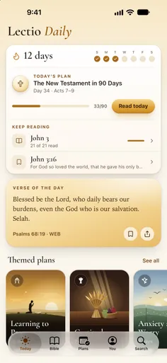 The Today screen of the Lectio Daily app: the verse of the day, your plan and where to keep reading.