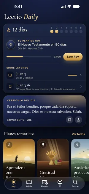 La pantalla Hoy de la app Lectio Daily: el versículo del día, tu plan y por dónde seguir leyendo.
