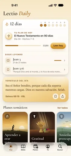 La pantalla Hoy de la app Lectio Daily: el versículo del día, tu plan y por dónde seguir leyendo.