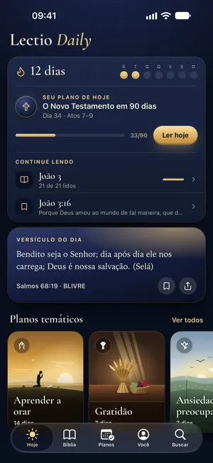 A tela Hoje do app Lectio Daily: o versículo do dia, seu plano e onde continuar lendo.