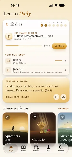 A tela Hoje do app Lectio Daily: o versículo do dia, seu plano e onde continuar lendo.