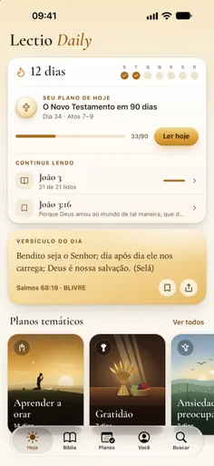 A tela Hoje do app Lectio Daily: o versículo do dia, seu plano e onde continuar lendo.